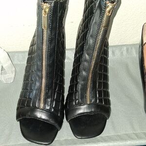 Black Leather Peep-Toe Ankle Boots